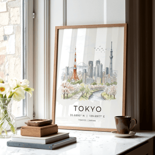 Minimal travel poster print of Tokyo cityscape with birds in the sky and coordinates text