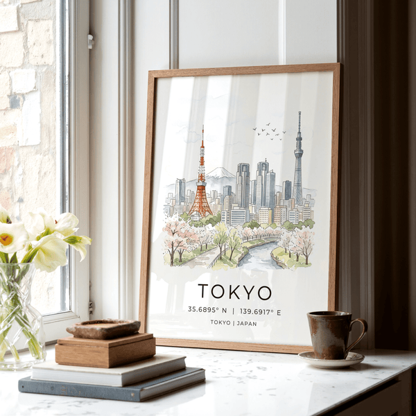 Minimal travel poster print of Tokyo cityscape with birds in the sky and coordinates text