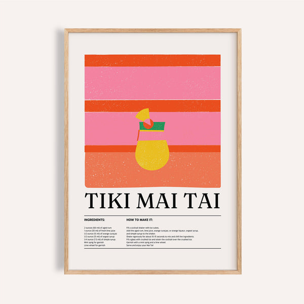 Tiki Mai Tai bar wall art with retro pink and orange background

