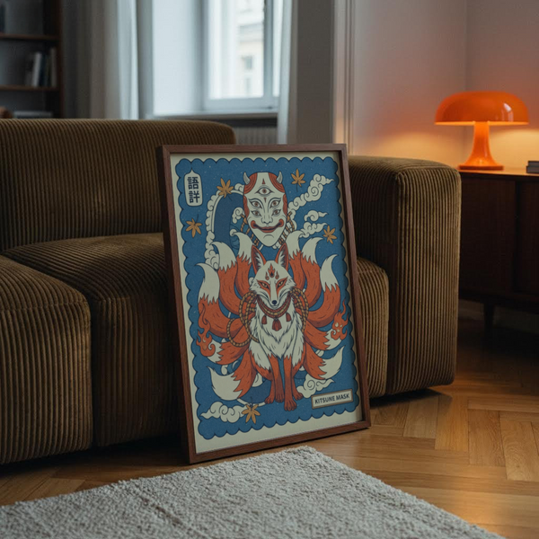 Unframed Kitsune Mask Wall Art hung in modern office setting
