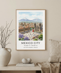 Mexico City Art Print with city square flagpole, cathedral domes, and mountains in the distance poster