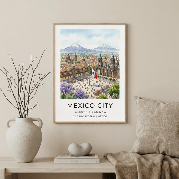 Mexico City Art Print with city square flagpole, cathedral domes, and mountains in the distance poster