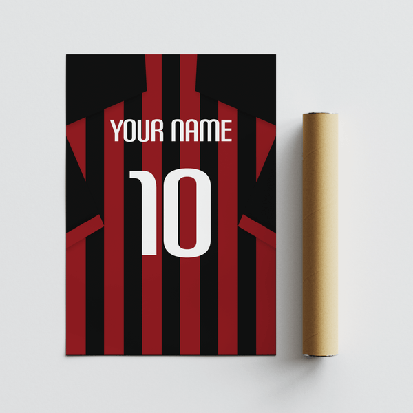 Personalised football shirt poster in Black and Red with vertical stripes and white number ten