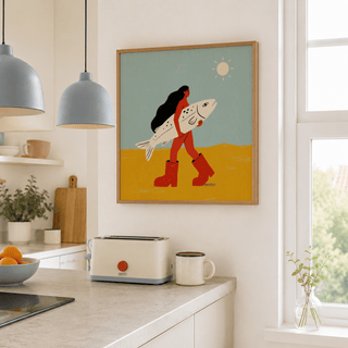 Minimalist poster print of a long-haired woman holding an oversized fish