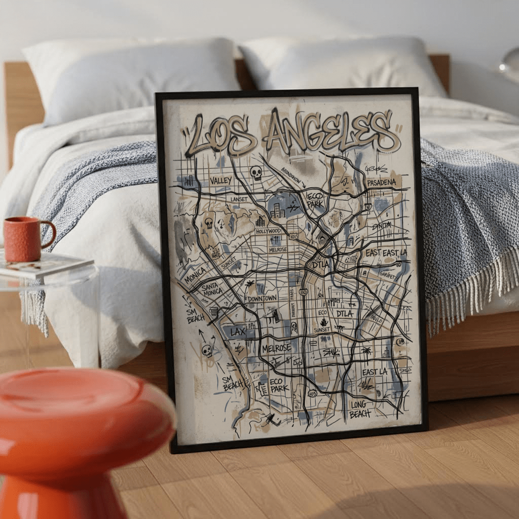 Los Angeles Map Art lower edge showing Long Beach area markings