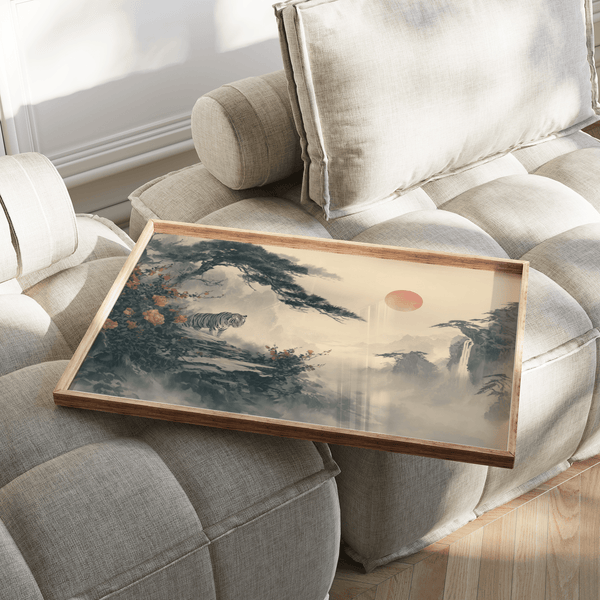 Asian Landscape Print featuring Beige sky and Red accents for hallway
