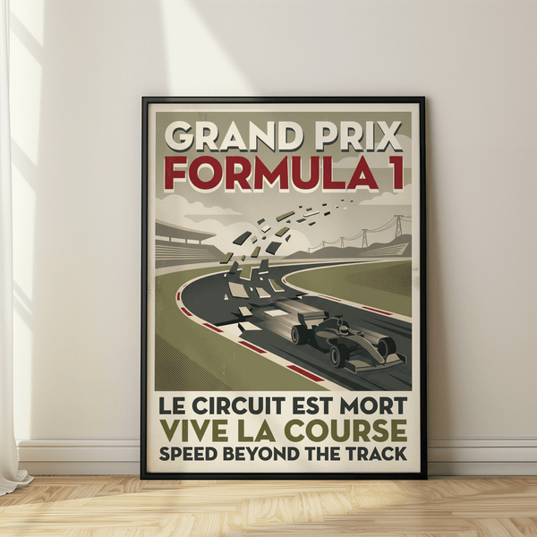 Graphic motorsport wall art showing a race car on a sweeping circuit with stands and powerline towers