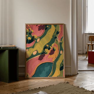 Painterly golf course poster in aerial view with layered shapes and curved paths