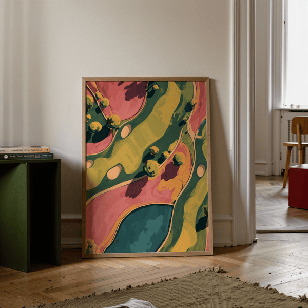 Painterly golf course poster in aerial view with layered shapes and curved paths