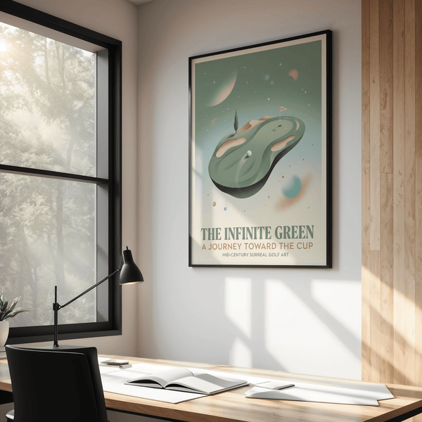 Minimalist golf course artwork showing oversized moon above traps