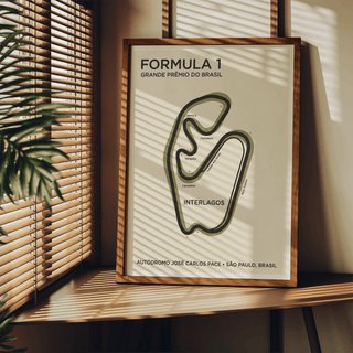 Displayed as a minimalist race circuit wall art print with INTERLAGOS text inside the map
