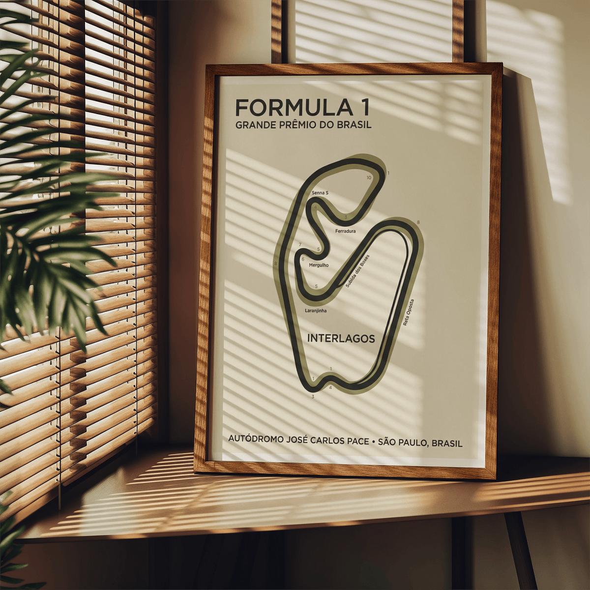 Displayed as a minimalist race circuit wall art print with INTERLAGOS text inside the map