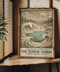 Mid-century Golf Wall Art poster featuring sculpted wave shapes around a putting green and flag