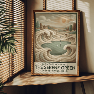 Mid-century Golf Wall Art poster featuring sculpted wave shapes around a putting green and flag