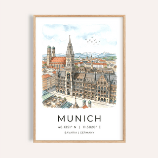 Overview of Munich City Wall Art poster with illustrated skyline and coordinate text