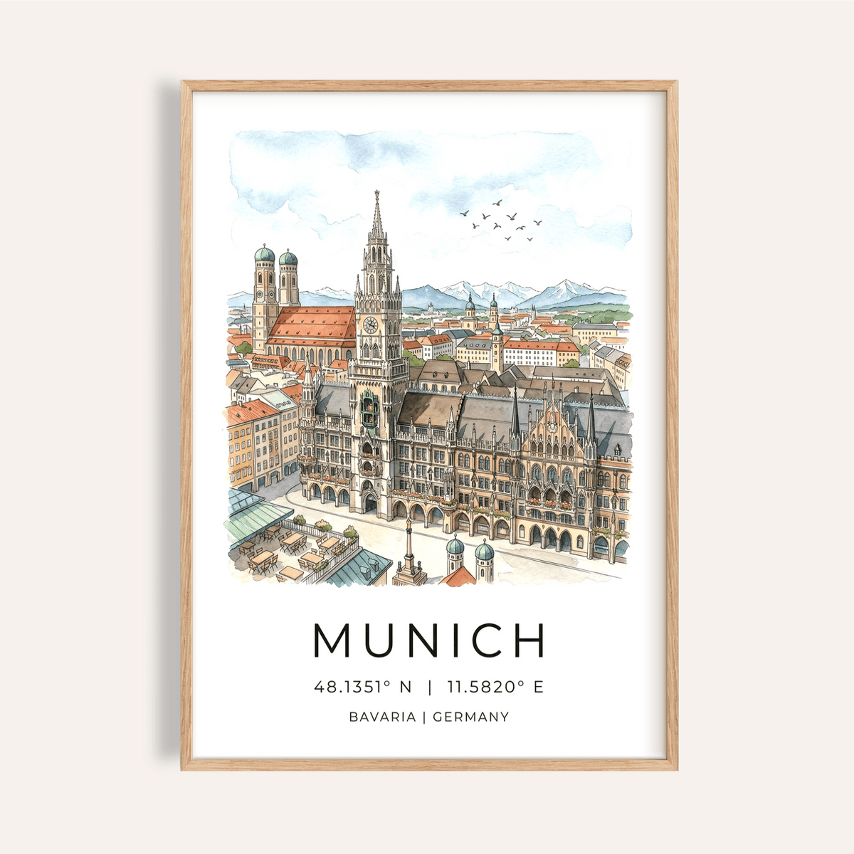 Overview of Munich City Wall Art poster with illustrated skyline and coordinate text