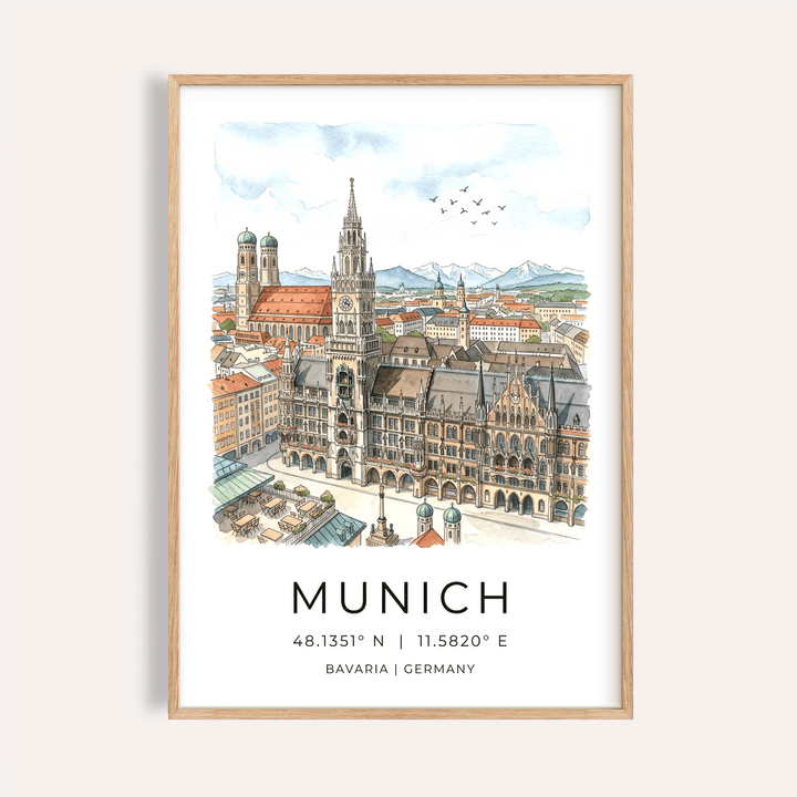 Overview of Munich City Wall Art poster with illustrated skyline and coordinate text