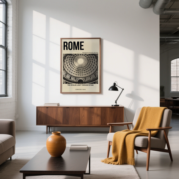 Black and white Pantheon Interior Poster with ROME headline and dome interior