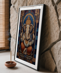 Vertical Ganesha wall art print showing seated figure and geometric side panels