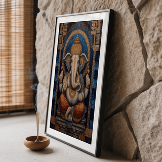 Vertical Ganesha wall art print showing seated figure and geometric side panels