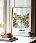 Vintage-style Hanoi cityscape wall art print with pagoda towers and trees