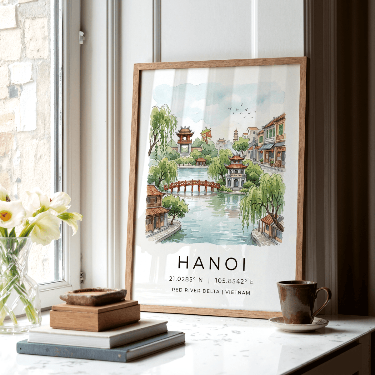 Vintage-style Hanoi cityscape wall art print with pagoda towers and trees