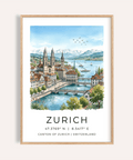 Zurich City Art Print illustrating twin cathedral towers and lake scene