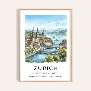 Framed Zurich city art print with watercolour illustration of buildings and river