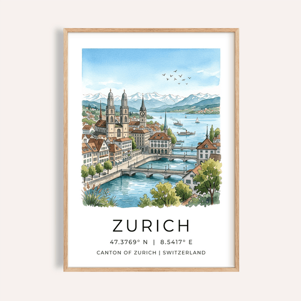 Zurich City Art Print illustrating twin cathedral towers and lake scene