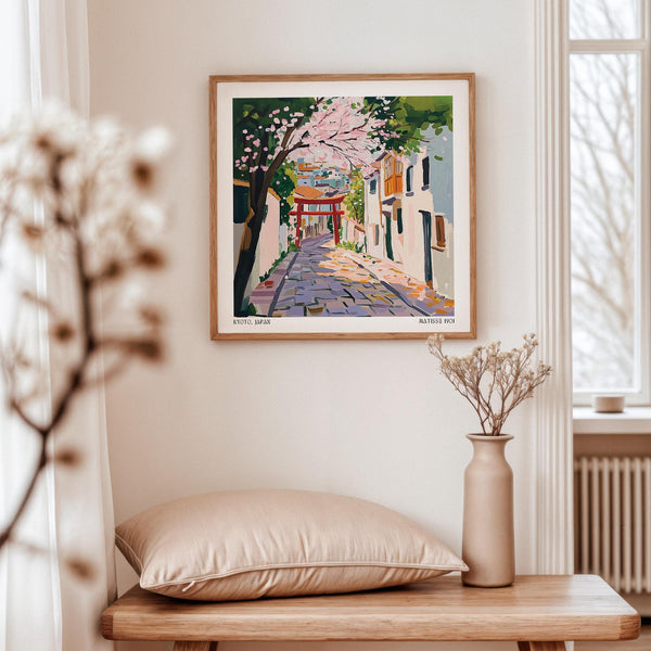 Painterly print of a Kyoto spring street with pink blossoms and stone path.