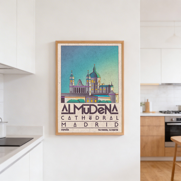 Vintage cathedral poster highlighting twin bell towers under clear sky