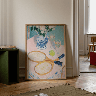 Framed-style view of Tennis Still Life Print with rackets, ball, and floral vase