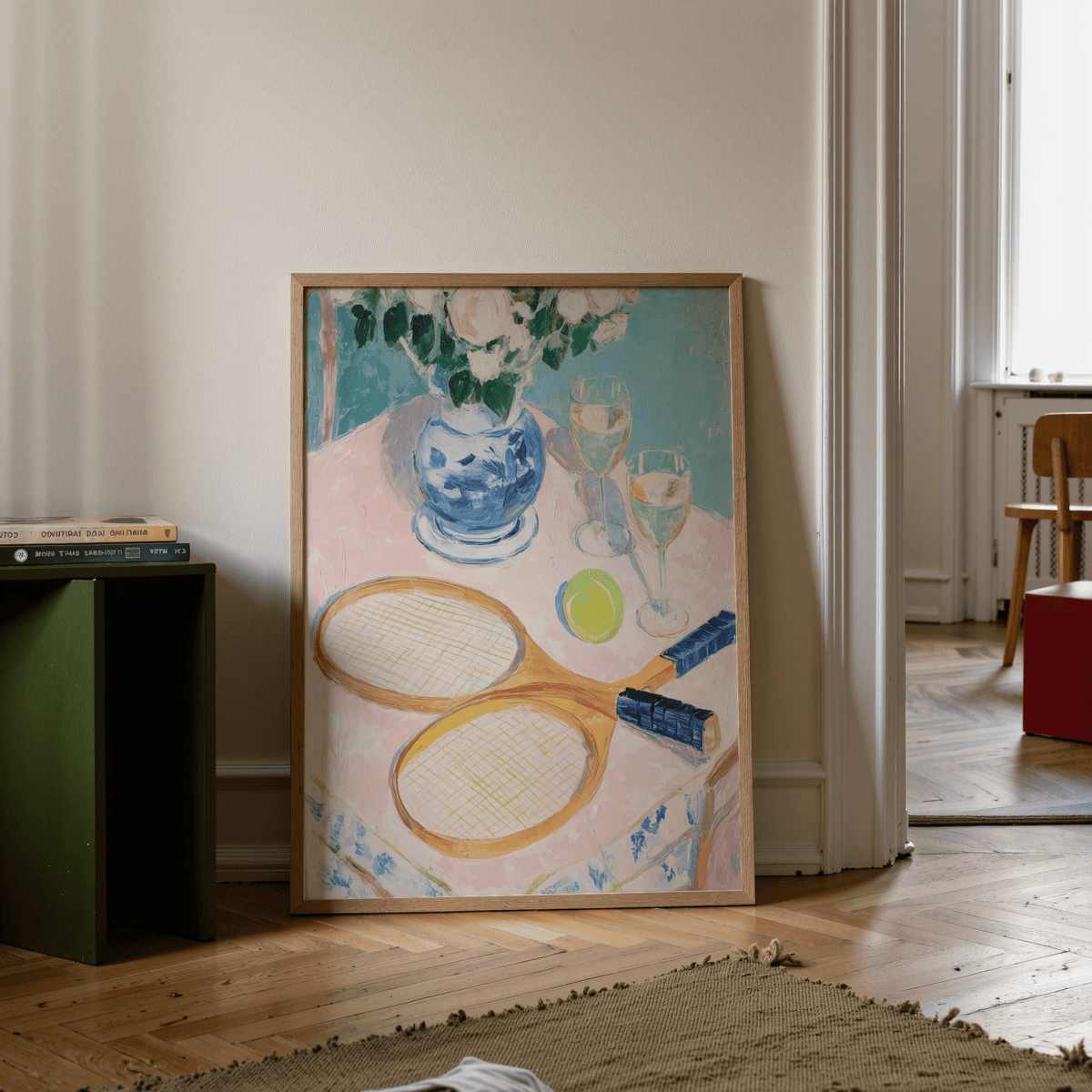 Framed-style view of Tennis Still Life Print with rackets, ball, and floral vase
