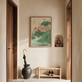 Lotus Flower Print with harmonious pink and green in modern art print style