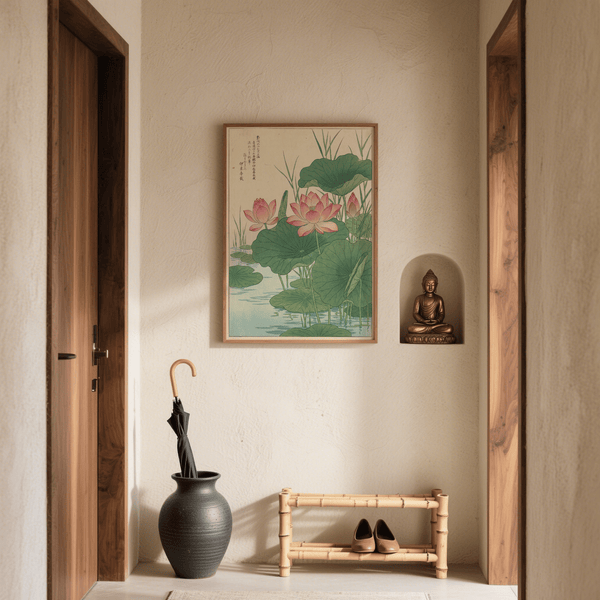 Lotus Flower Print with harmonious pink and green in modern art print style