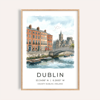 Illustrated Dublin waterfront poster with bridge, boats, and buildings