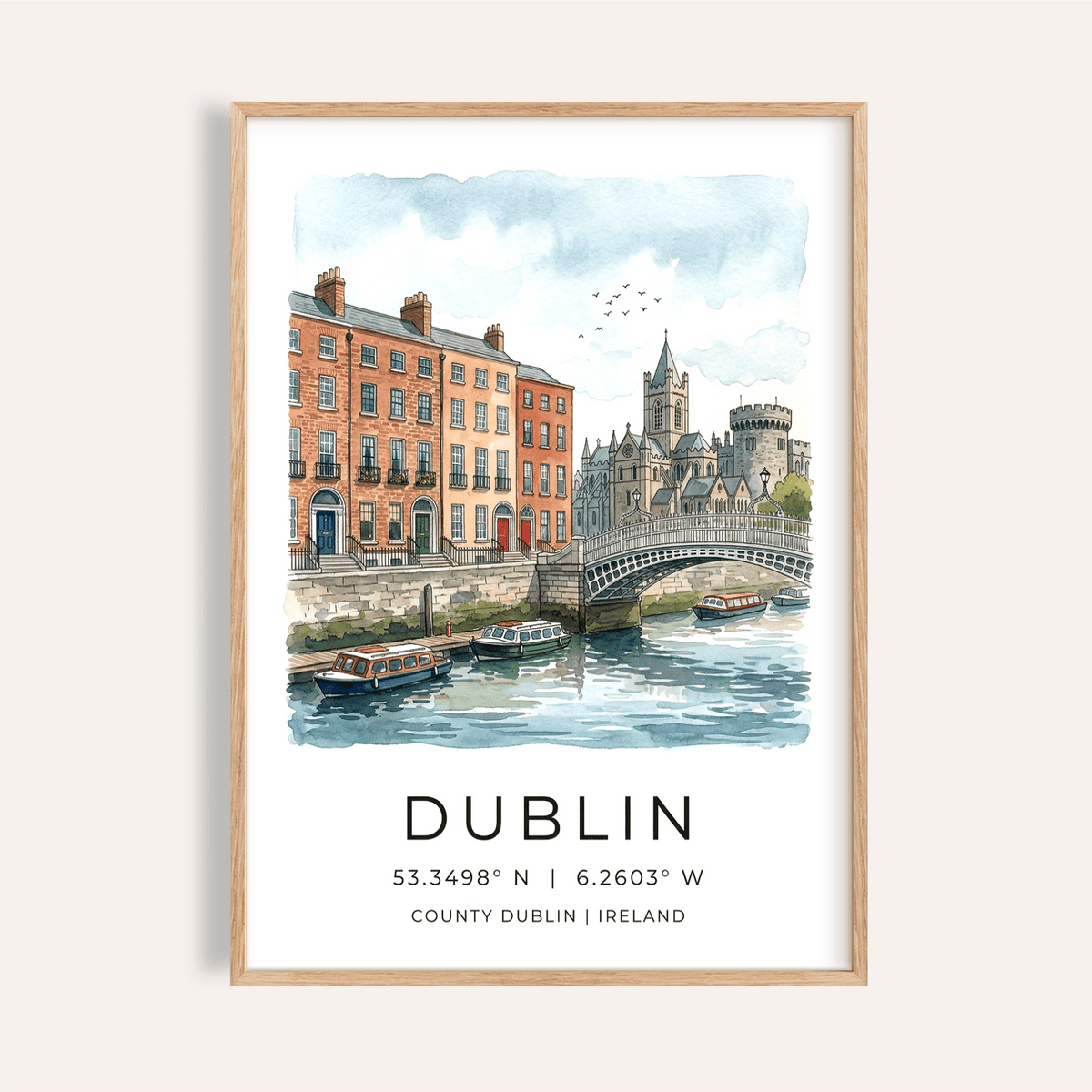 Illustrated Dublin waterfront poster with bridge, boats, and buildings