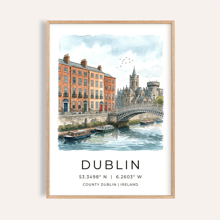 Illustrated Dublin waterfront poster with bridge, boats, and buildings