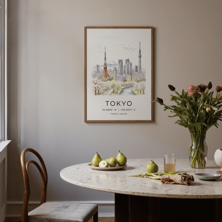 Tokyo Skyline Art Print framed above a dining table with green pears and flowers in soft watercolour