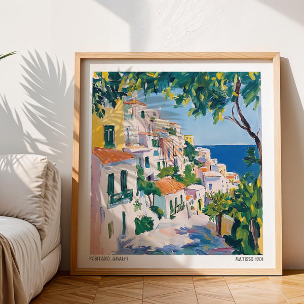 Italian cliffside village under a bright sky, featured in Positano Art.