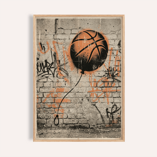 Centered Basketball Graffiti Art Print poster showing a spray-painted basketball on a brick wall