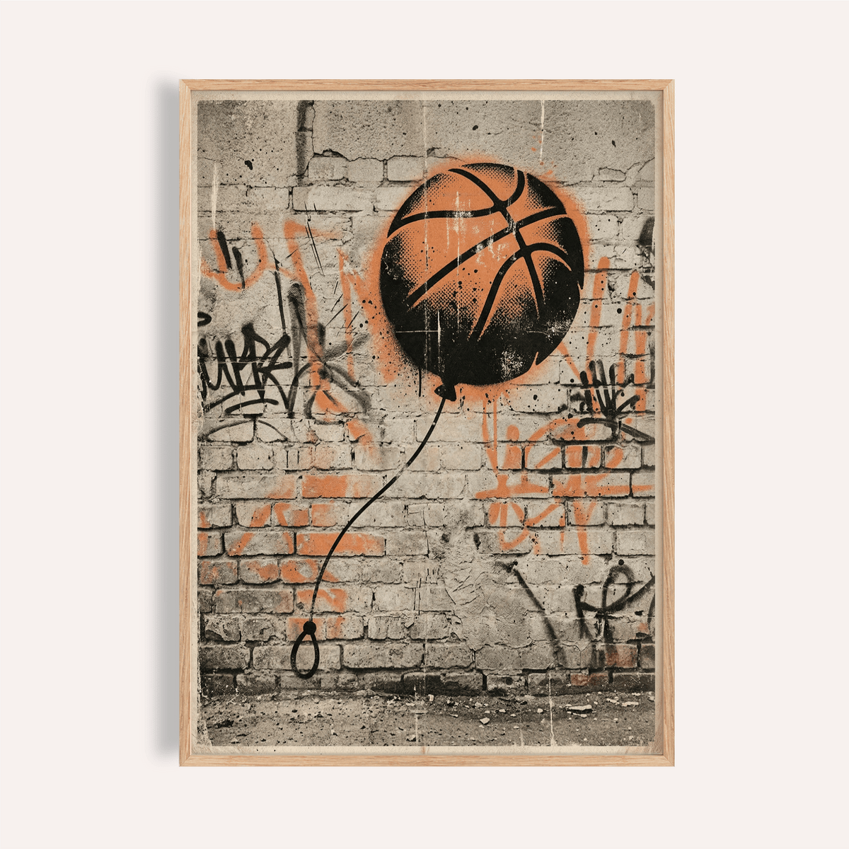 Centered Basketball Graffiti Art Print poster showing a spray-painted basketball on a brick wall