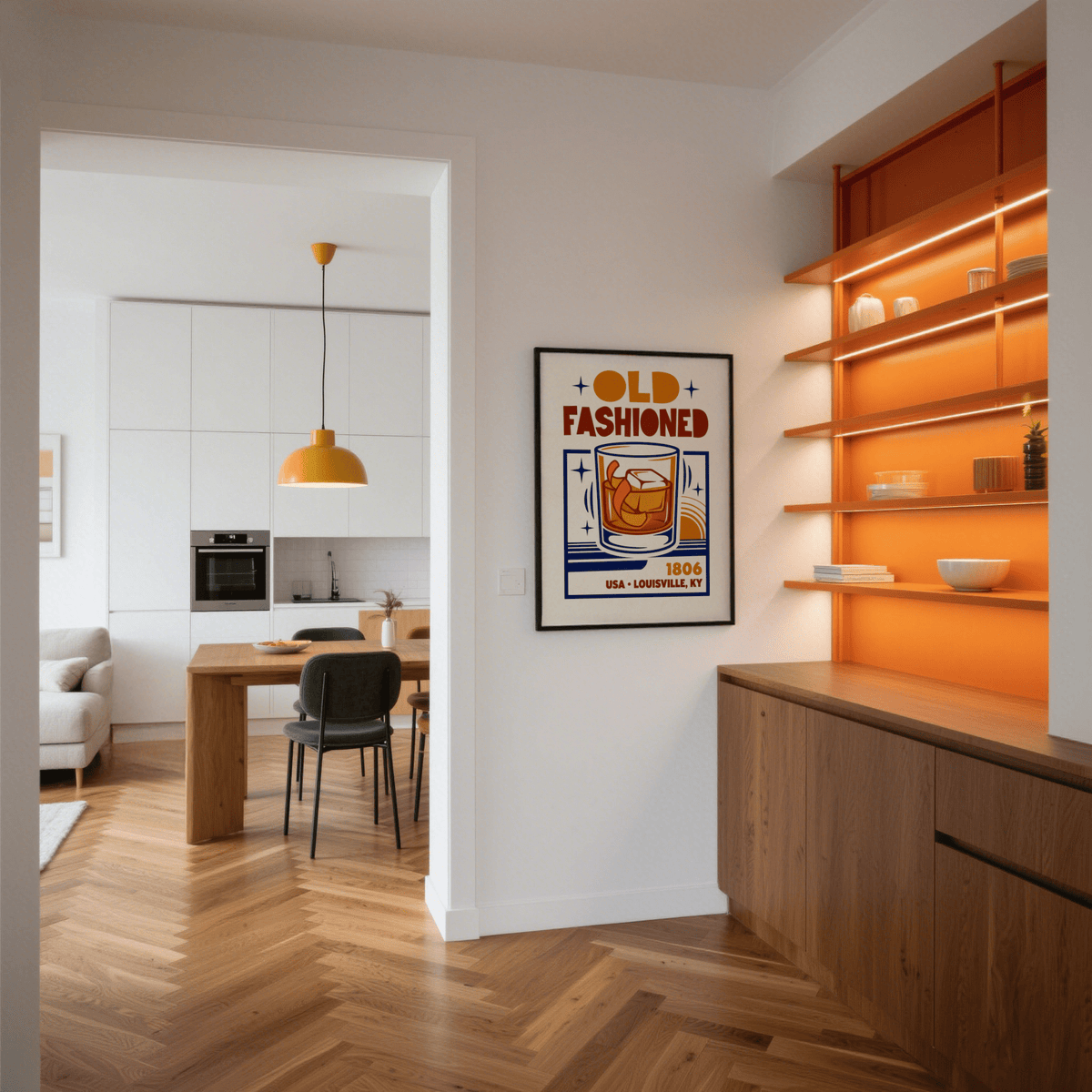 Old Fashioned Art Print in Orange hues, suitable for home bar art print