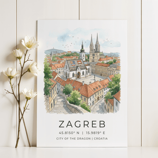 Zagreb City Art Print with cathedral spires above old town buildings and open square