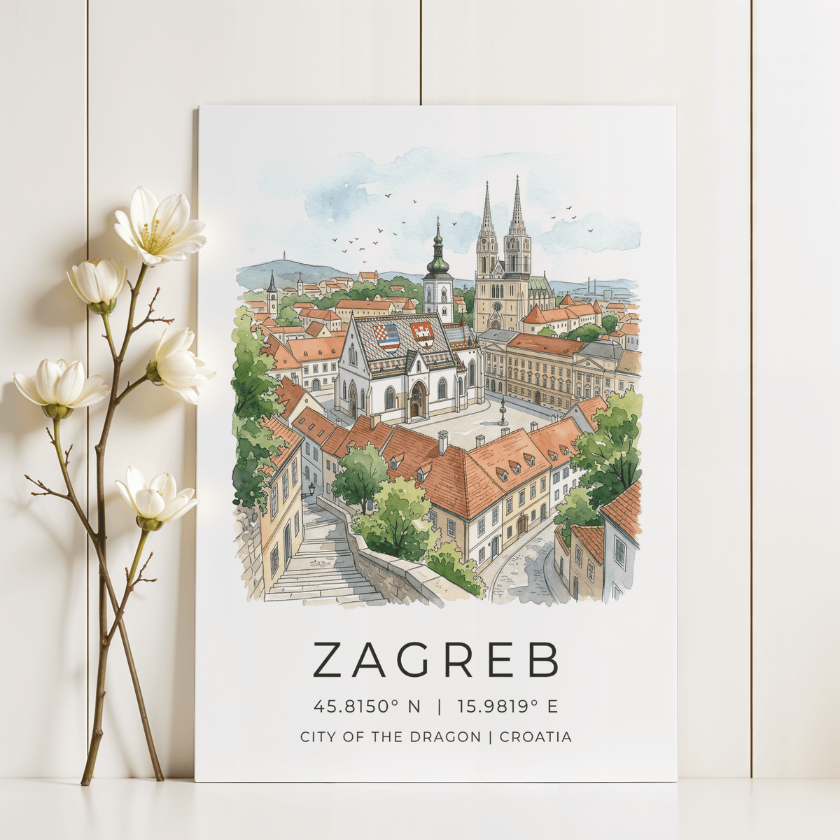 Zagreb City Art Print with cathedral spires above old town buildings and open square