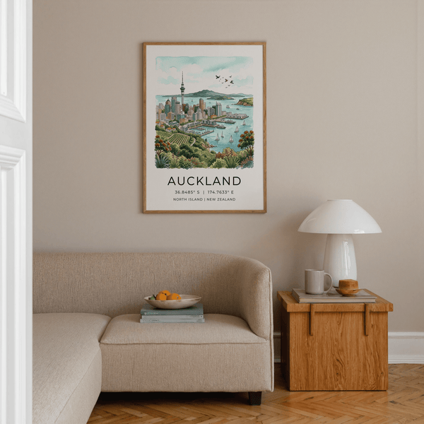 Auckland City Art Print highlighting birds flying over waterfront