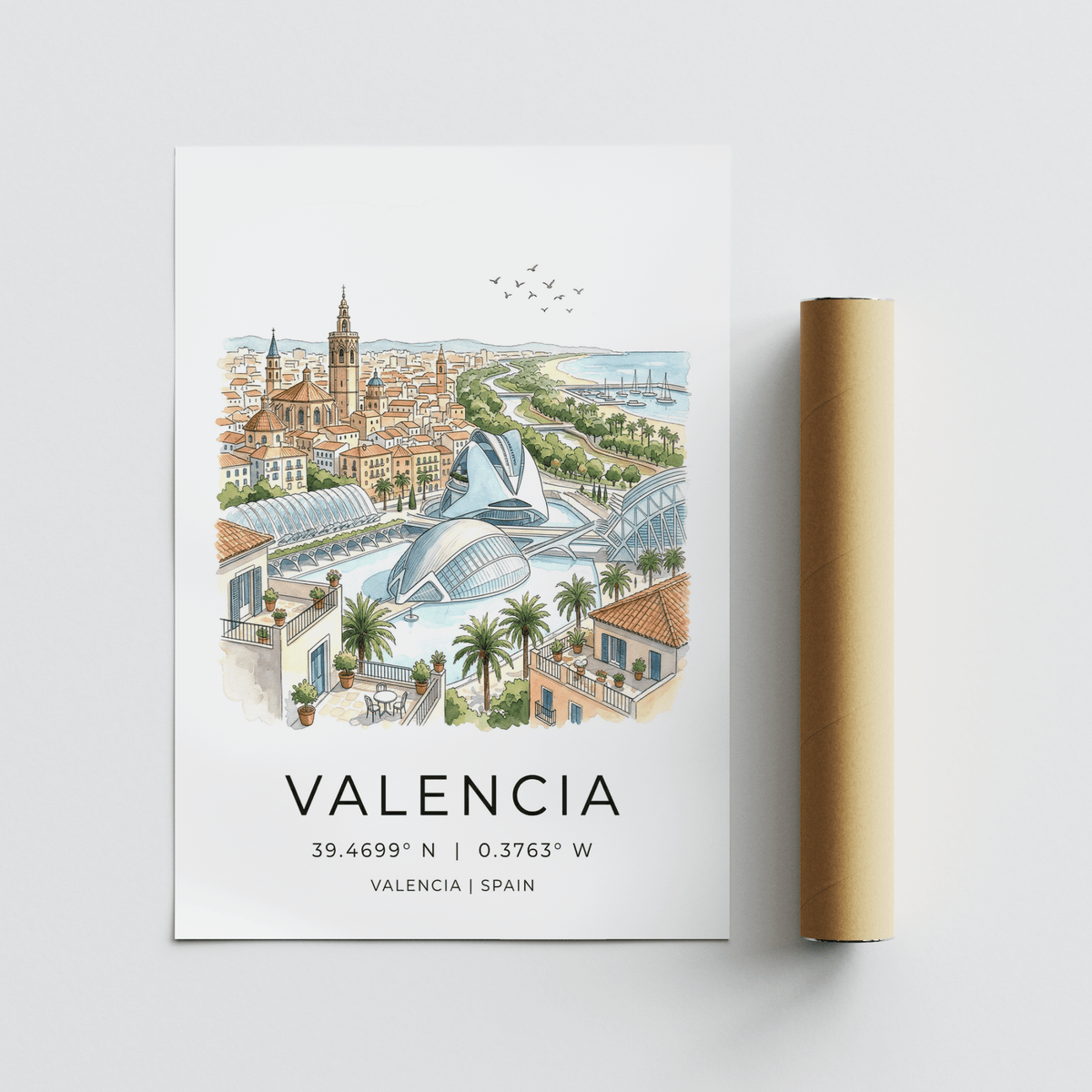 Spanish Landscape Poster featuring Valencia skyline, modern domed buildings, and terrace details