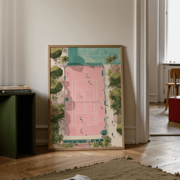 Illustrated tennis court poster viewed from above with fencing, benches, and palms
