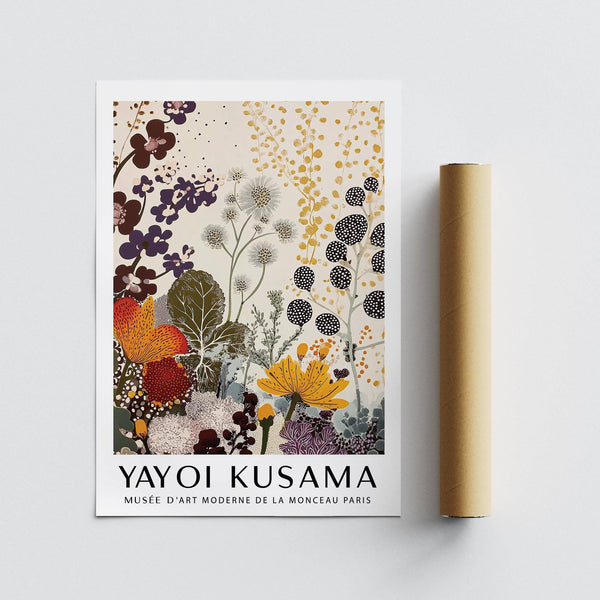 Print Yayoi Kusama wall art featuring earthy floral tones and rhythmic design
