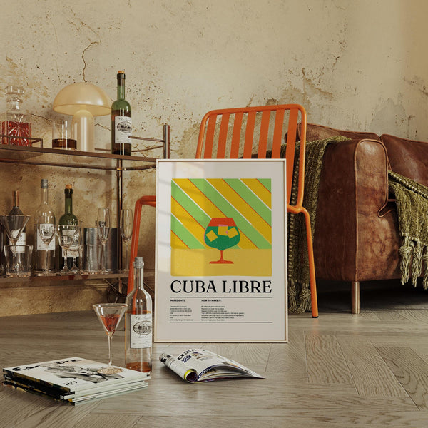 Retro Cuba Libre drink poster with bold diagonal stripes and citrus garnish.